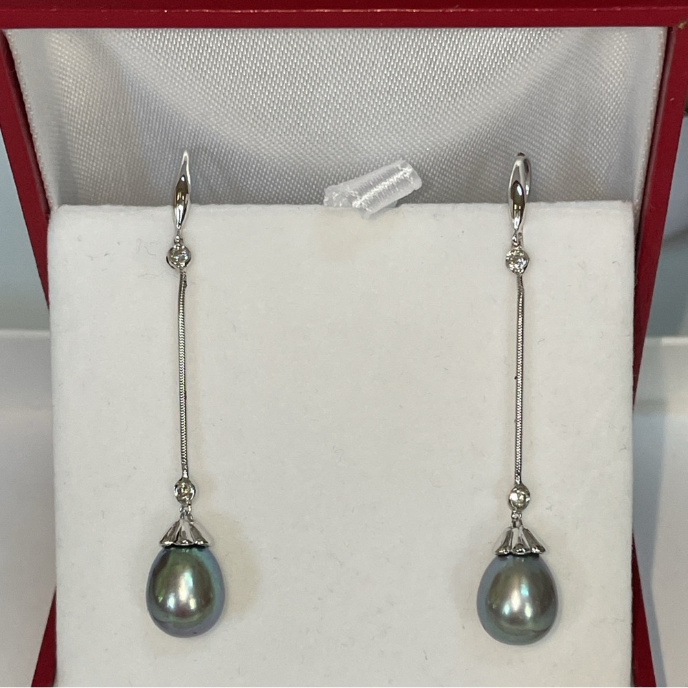 Solid Stamped 14K White Gold Tahitian Pearl Natural Diamond Bezel Drop Earrings